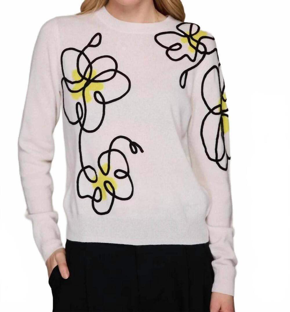 NEW AUTUMN CASHMERE floral applique crew neck sweater in chalk combo